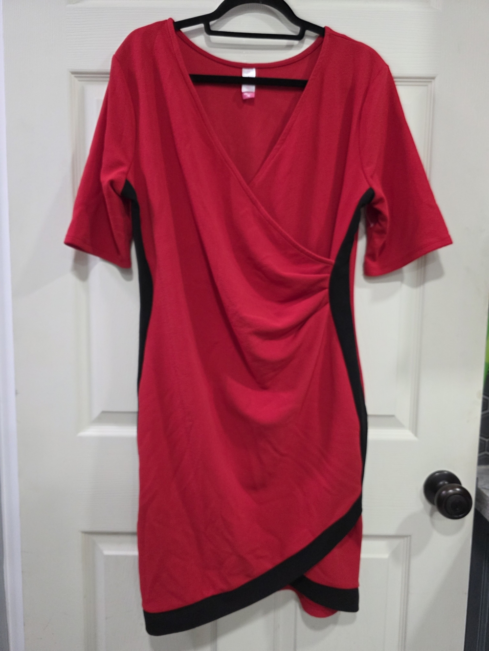 Women's Red Wrap-Style Dress with Black Panels
